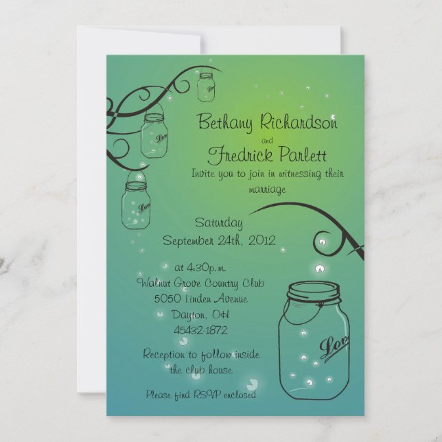 Mason Jar Firefly Wedding Invitation Green Teal (Front)
