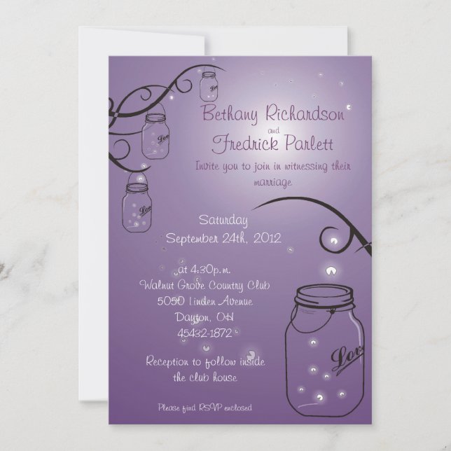 Mason Jar Firefly Wedding Invitation Purple Grape (Front)