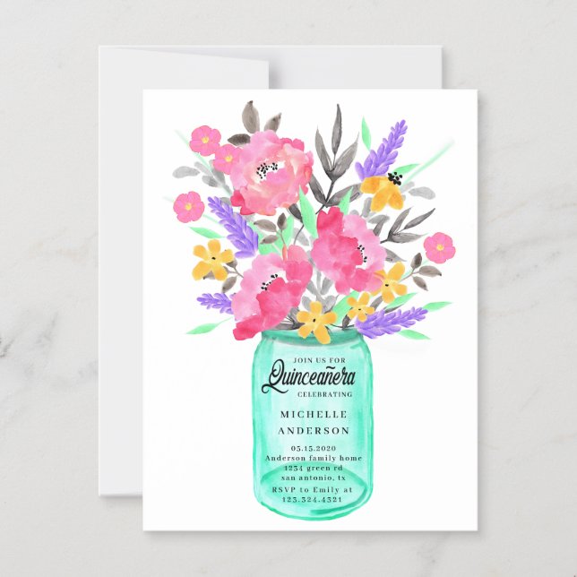 Mason Jar Floral Bouquet Quinceanera Magnetic Card (Front)