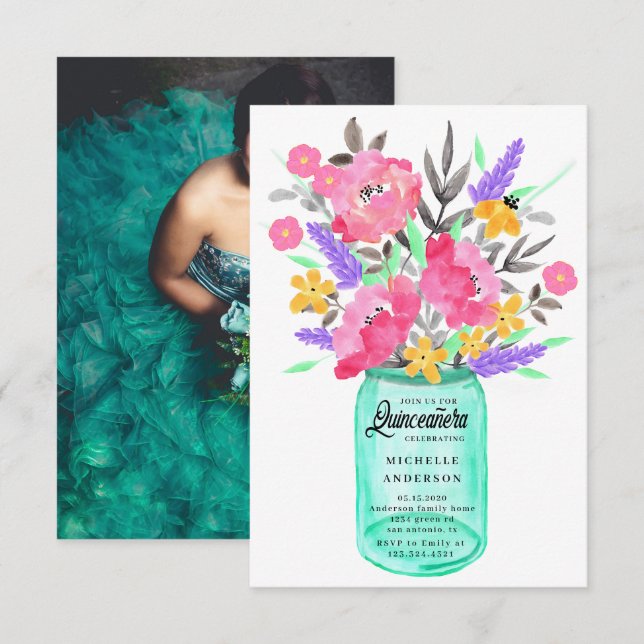 Mason Jar Floral Bouquet Quinceanera Photo Card (Front/Back)
