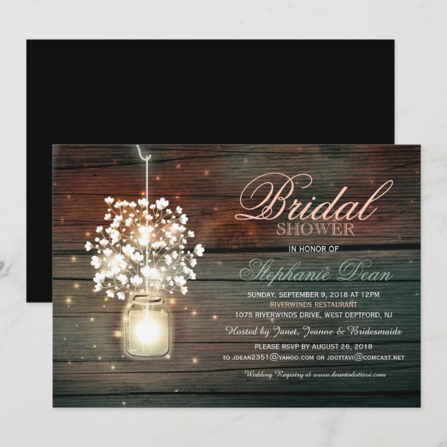 Mason Jar floral rustic bridal shower invitation (Front/Back)