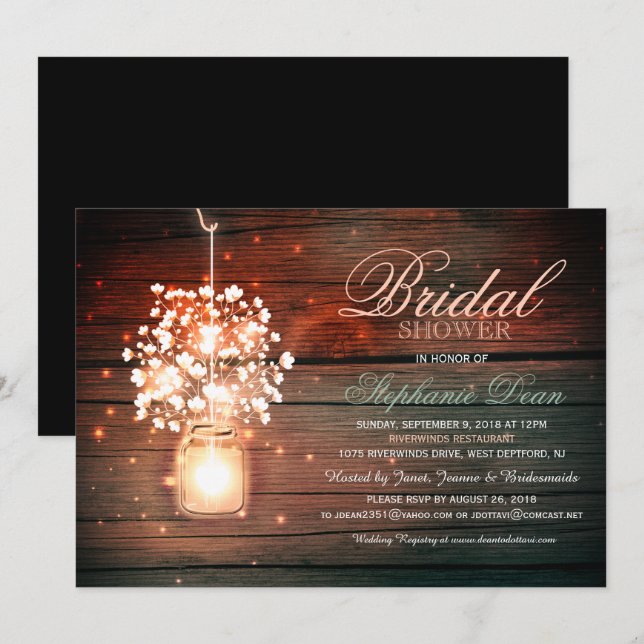 Mason Jar floral rustic bridal shower invitation (Front/Back)
