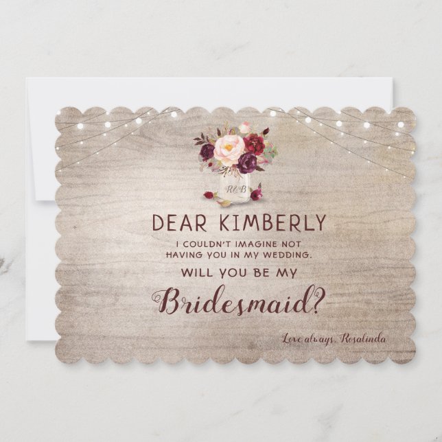 Mason Jar Floral Rustic Will You Be My Bridesmaid Invitation (Front)