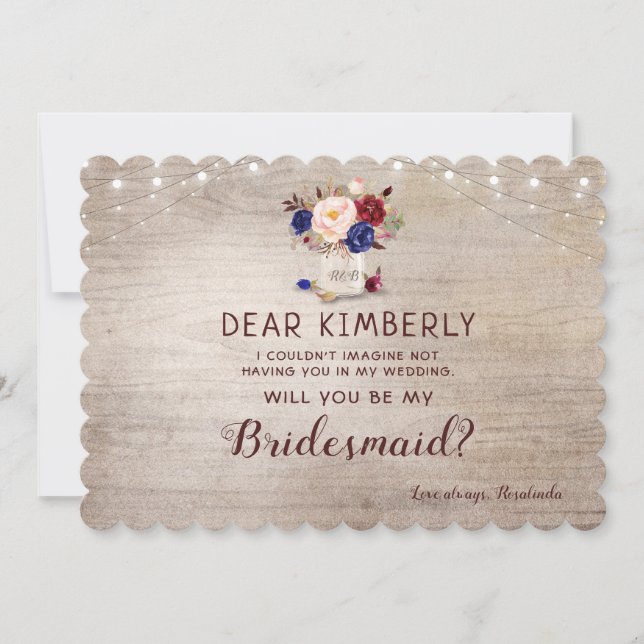 Mason Jar Floral Rustic Will You Be My Bridesmaid Invitation (Front)