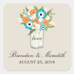 Mason Jar Floral Wedding Square Sticker