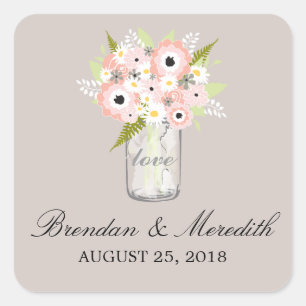 Mason Jar Floral Wedding Square Sticker