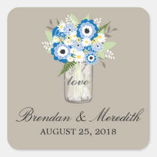 Mason Jar Floral Wedding Square Sticker