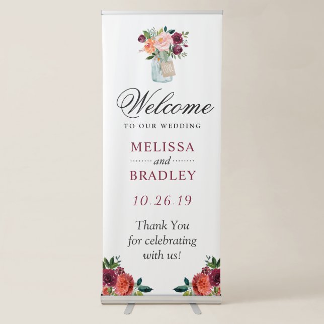 Mason Jar Floral Wedding Welcome Retractable Banner (Front)