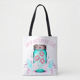 Mason jar flower and butterfly kiss cute blue pink tote bag