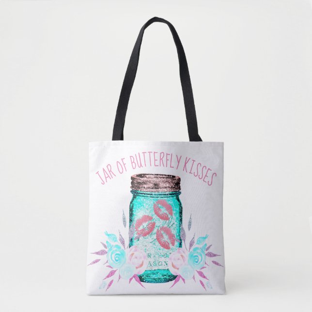Mason jar flower and butterfly kiss cute blue pink tote bag (Front)