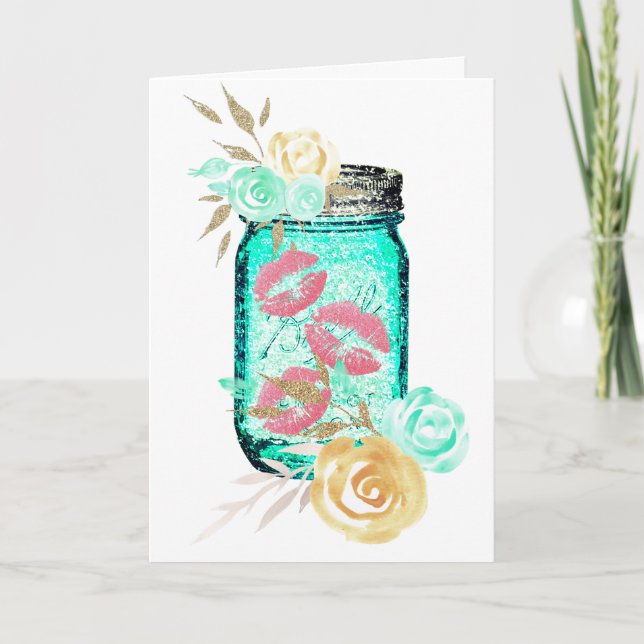 Mason jar flower and butterfly kiss cute rustic card (Front)