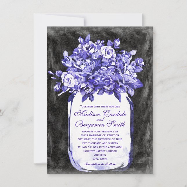 Mason Jar Flower Chalkboard Wedding Invites Indigo (Front)