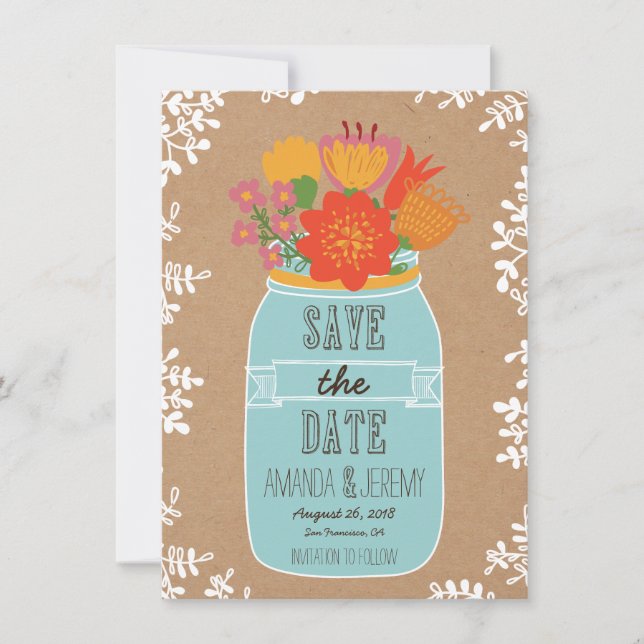 Mason Jar Flowers Craft Paper Save the Date Photo (Front)