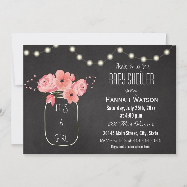 Mason Jar Flowers Lights Chalkboard Baby Shower Invitation (Front)