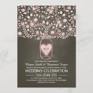 Mason jar flowers pink rustic wedding invites