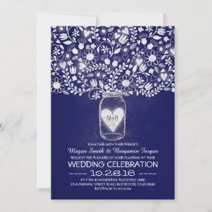 Mason jar flowers royal blue wedding invites