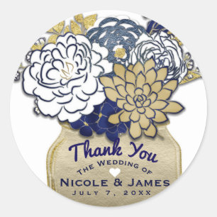 Mason Jar Flowers Rustic Blue Gold Floral Favour Classic Round Sticker
