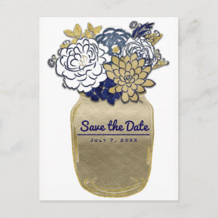 Mason Jar Flowers Rustic Blue Gold Save the Date Announcement Postcard