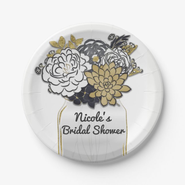 Mason Jar Flowers Rustic Floral Grey & Gold Chic Paper Plate (Front)