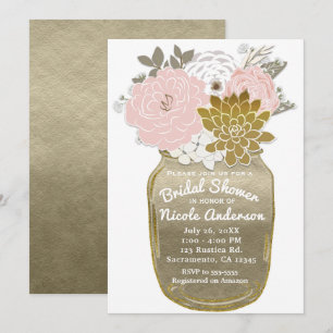 Mason Jar Flowers Rustic Floral Pink & Gold Chic Invitation