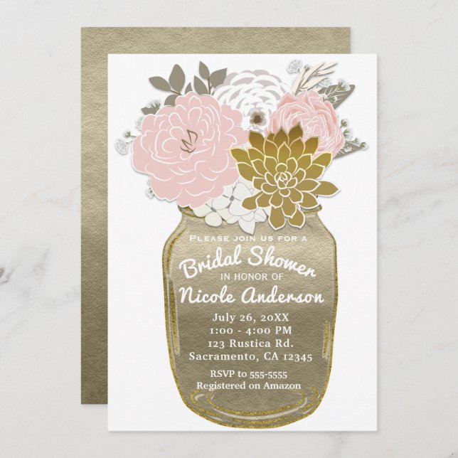 Mason Jar Flowers Rustic Floral Pink & Gold Chic Invitation (Front/Back)