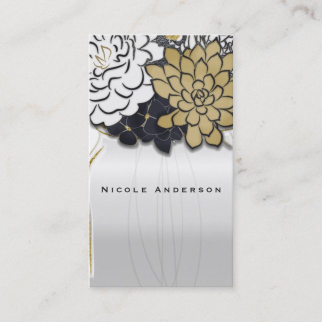 Mason Jar Flowers Rustic Grey Gold Floral Chic Business Card (Front)