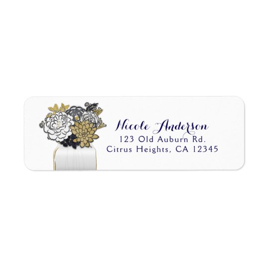 Mason Jar Flowers Rustic Grey Gold Floral Chic Return Address Label