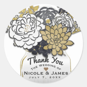 Mason Jar Flowers Rustic Grey Gold Floral Favour Classic Round Sticker