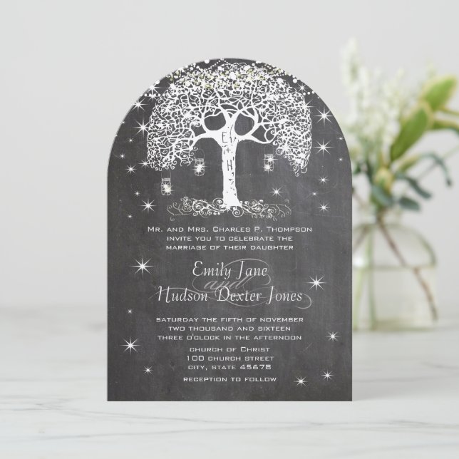 Mason Jar Forest Chalkboard Tree Invitation (Standing Front)
