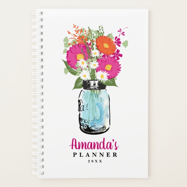 Mason Jar Fuchsia Pink Orange Gerber Daisies Planner (Front)