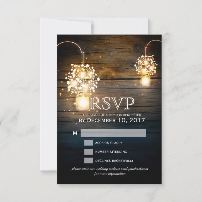 Mason Jar glowing Lights floral RSVP card (Front)