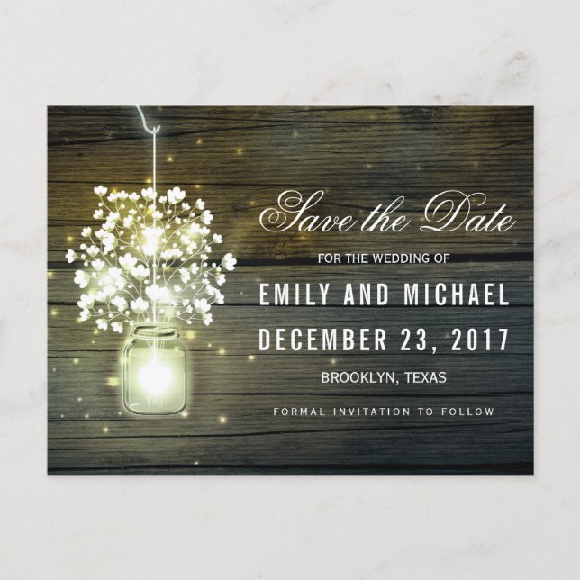 Mason Jar glowing Lights floral save the date Announcement Postcard (Front)