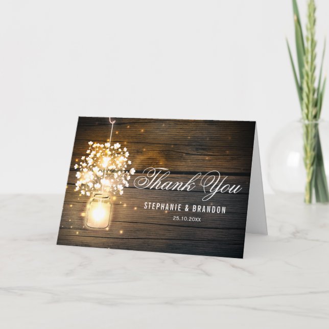 Mason Jar glowing Lights floral Thank You Card (Front)