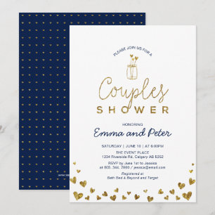 Mason Jar, Gold & Navy Couples Wedding Shower Invitation