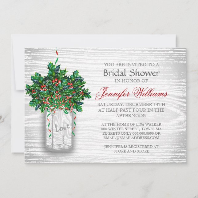 Mason Jar Holly Berry Rustic Winter Bridal Shower Invitation (Front)