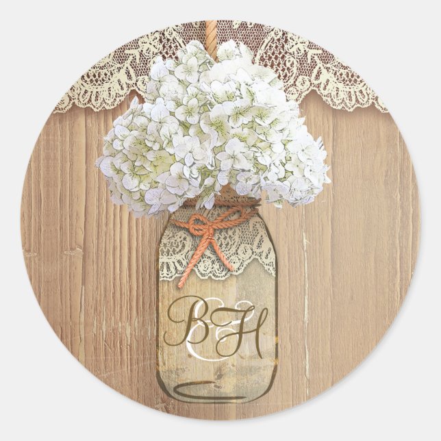 Mason Jar Hydrangea Floral Rustic Wedding Classic Round Sticker (Front)