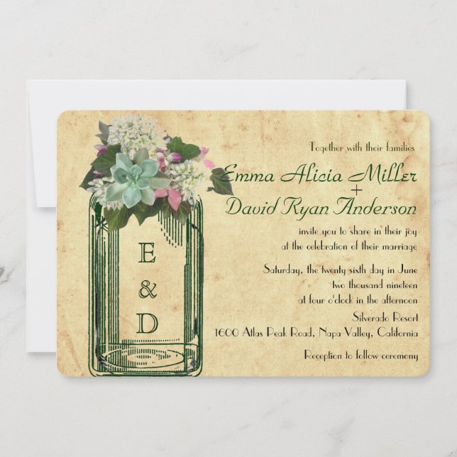Mason Jar Hydrangeas Succulent Wedding Invite (Front)