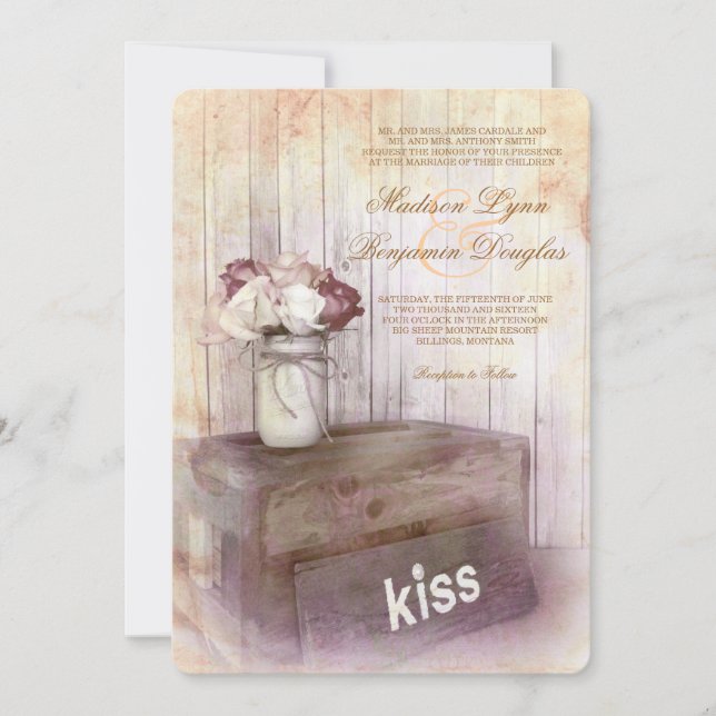 Mason Jar Kiss Wood Rustic Country Wedding Invites (Front)
