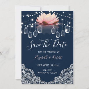 Mason Jar, Lace,Lotus Navy Blue Save The Date