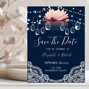Mason Jar, Lace,Lotus Navy Blue Save The Date