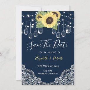 Mason Jar, Lace,Sunflowers Navy Blue Save The Date