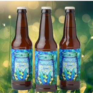 Mason jar lightning bug glowing firefly blue wine label