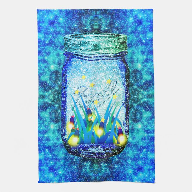 Mason jar lightning bug glowing firefly blue yello tea towel (Vertical)