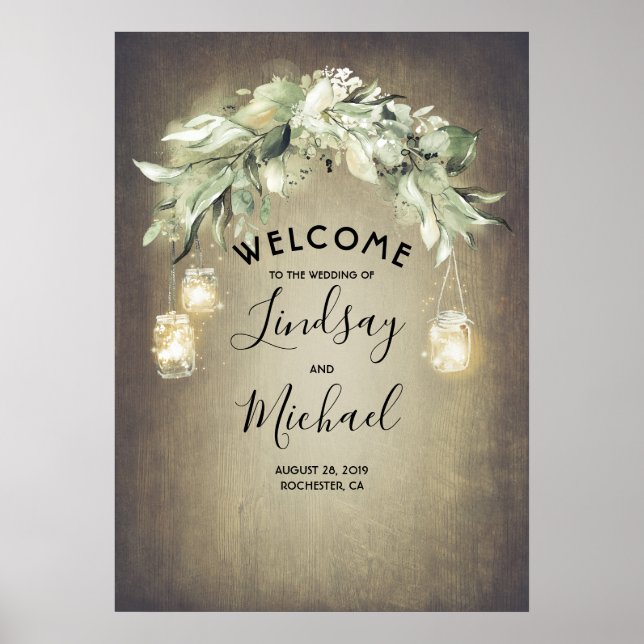 Mason Jar Lights and Greenery Wedding Welcome Sign (Front)