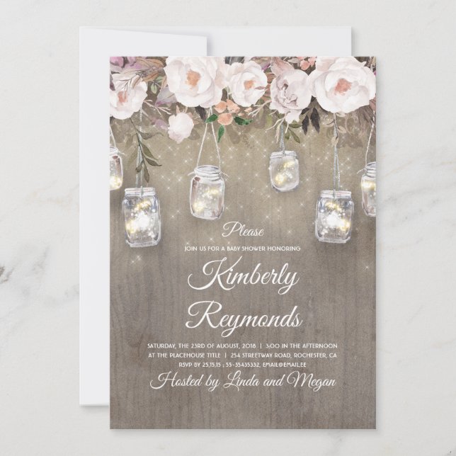 Mason Jar Lights Floral Rustic Baby Shower Invitation (Front)