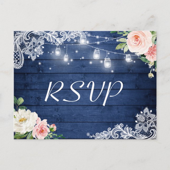Mason Jar Lights Floral Rustic Blue Wedding RSVP Invitation Postcard (Front)