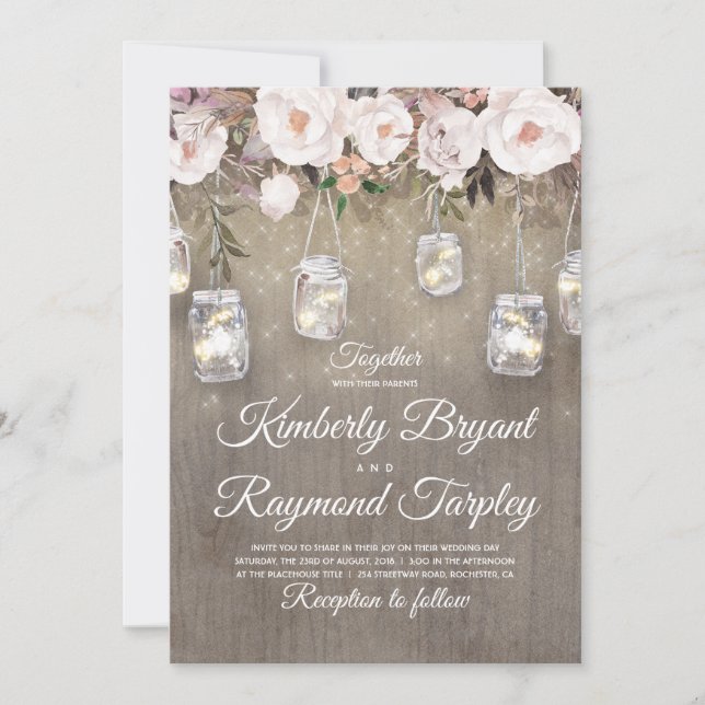 Mason Jar Lights Floral Rustic Wedding Invitation (Front)