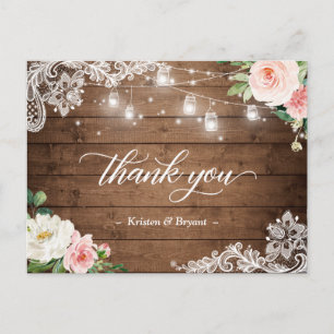 Mason Jar Lights Floral Rustic Wedding Thank You Postcard