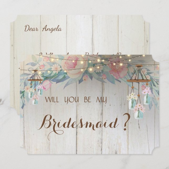 Mason Jar Lights,Flowers,Wood   Bridesmaid Card (Front/Back)
