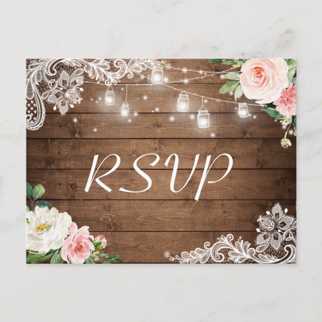 Mason Jar Lights Lace Floral Rustic Wedding RSVP Invitation Postcard (Front)